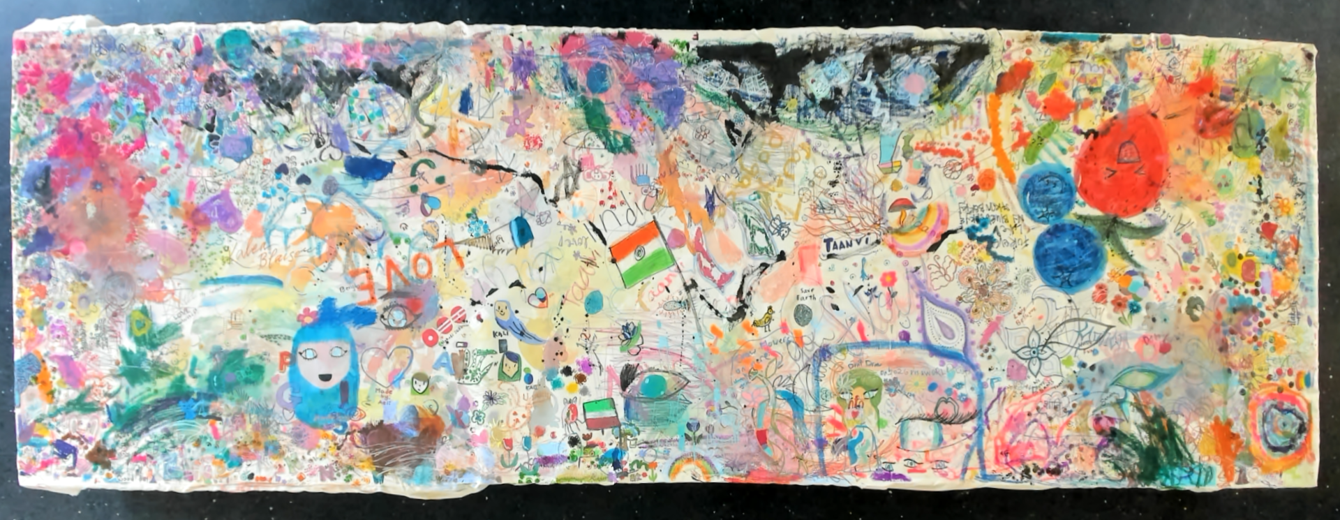 The Day 3 collaborative canvas densely filled with layered drawings, colour, hand-drawn symbols, figures, and shared marks.